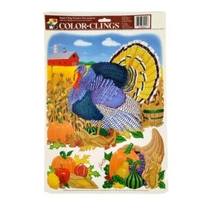 Vintage 90's Window Color Clings Turkey Pumpkins Horn of Plenty. Set of 2